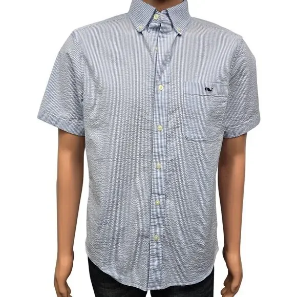 Vineyard Vines Seersucker Shirt Men S Short Sleeves Stretch Blue Striped Whale - Picture 4 of 13